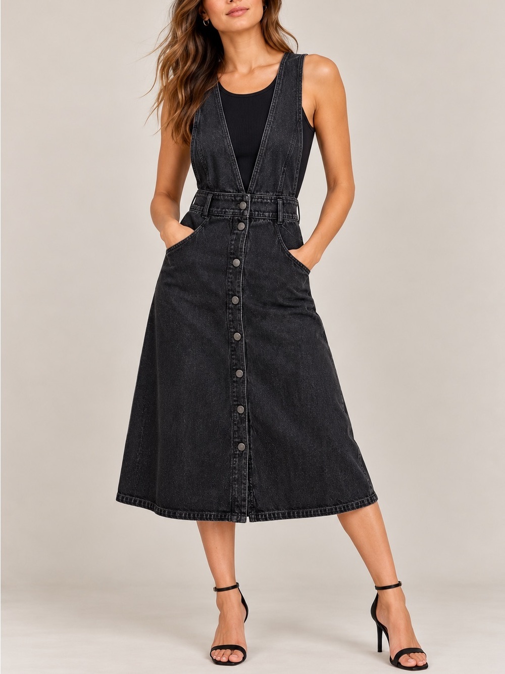 Zara Black Washed Denim Pinafore Midi Dress Jumper V Neck Snap Front Size XS NWT